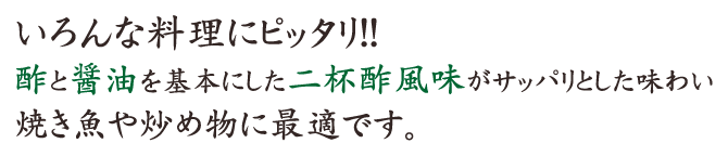 いろんな料理にピッタリ!!酢と醤油を基本にした二杯酢風味がサッパリとした味わい焼き魚や炒め物に最適です。